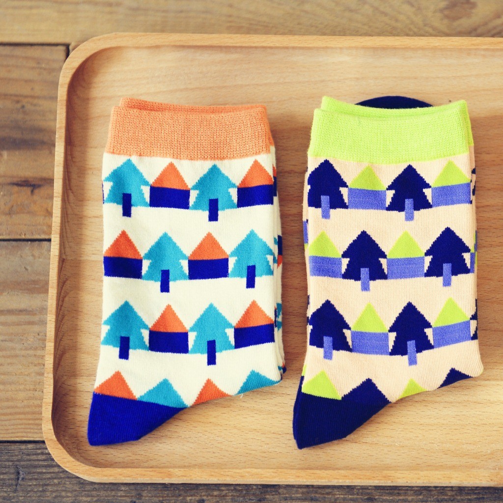 2015 pure cotton small house print knitted women socks
