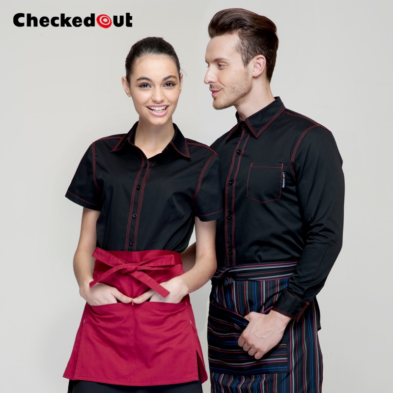 Chinese style short sleeve cafe bar waiter shirt + apron