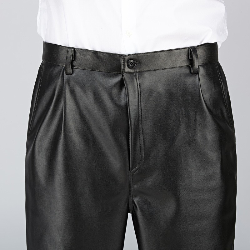 high quality PU faux leather fabric mid-age men's straight-leg pant