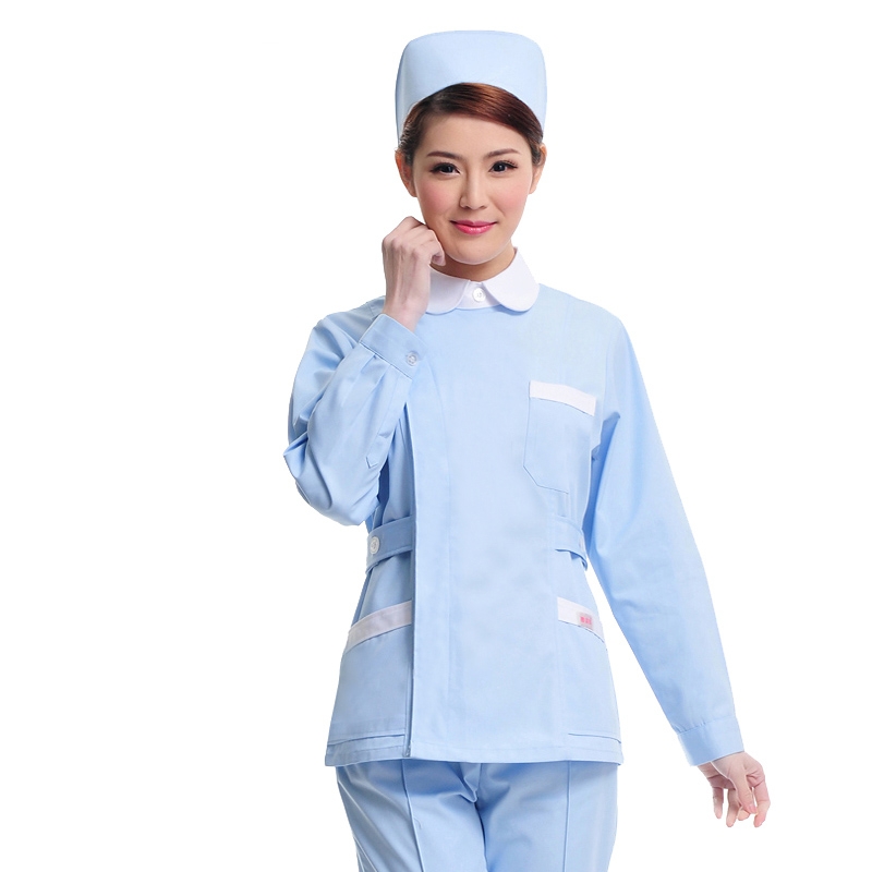 Peter pan collar side opening long sleeve nurse blouse + pant uniform