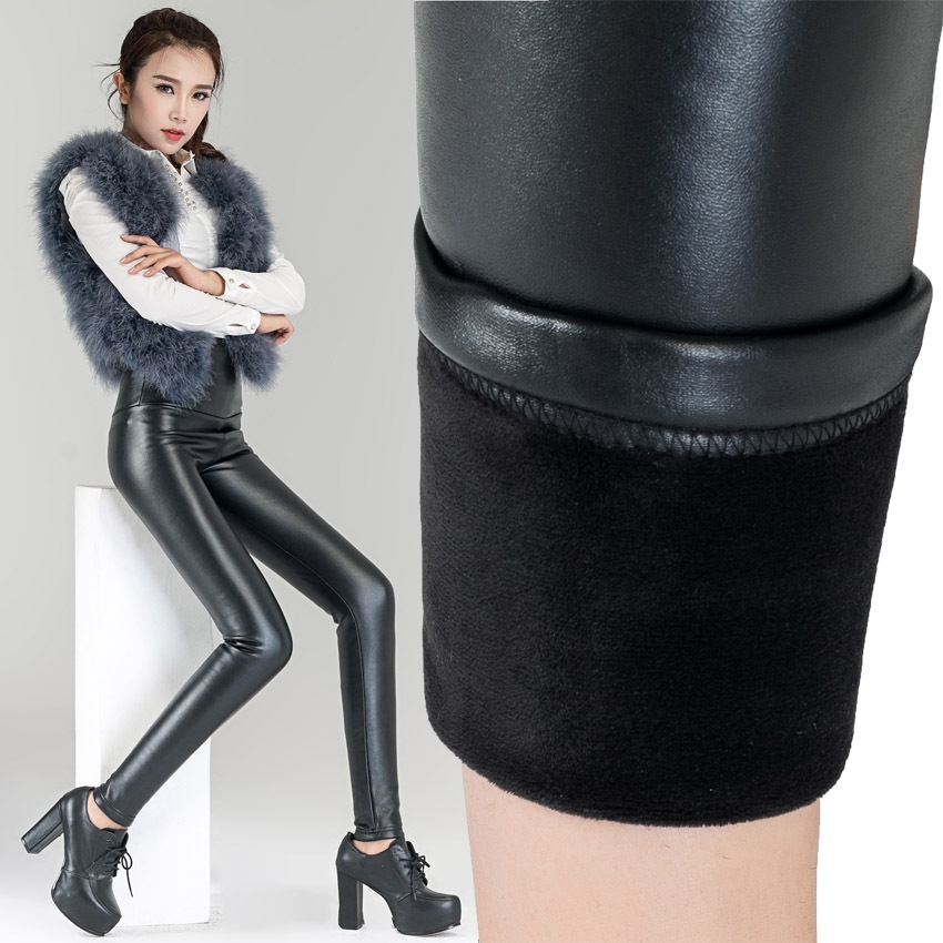 high waist design winter fleece women  legging leather pant