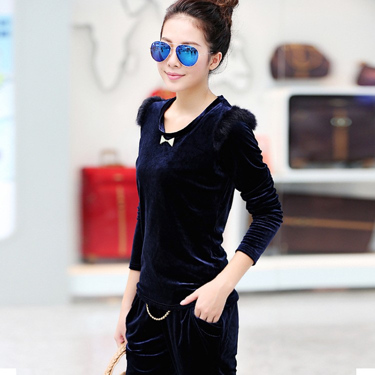 autumn outfit slim fit upgraded velvet fabric street fashion casual suits (t-shirt +pant)