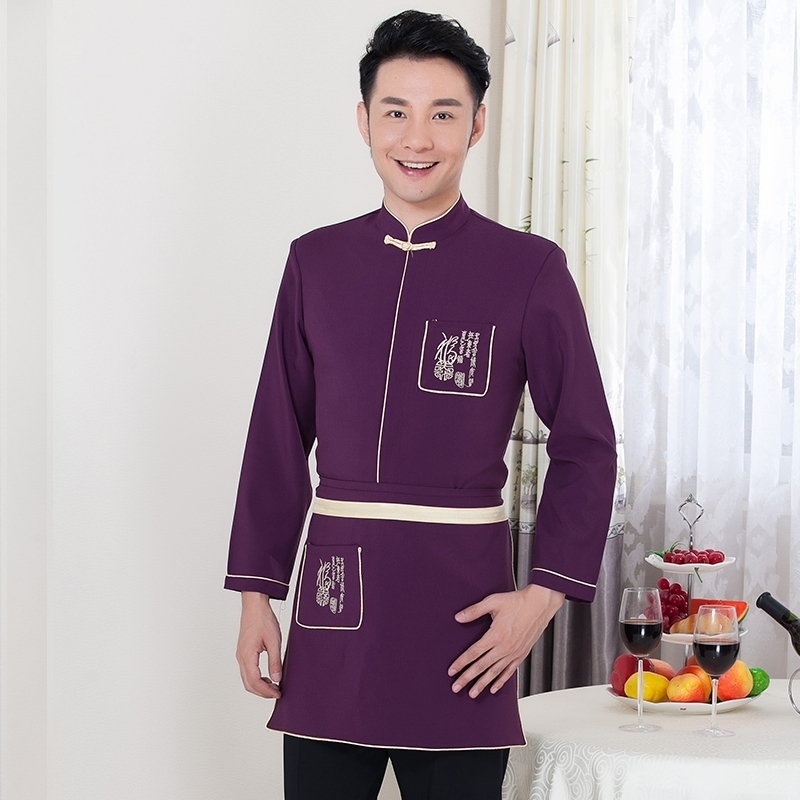 Chinese style short sleeve cafe bar waiter shirt + apron