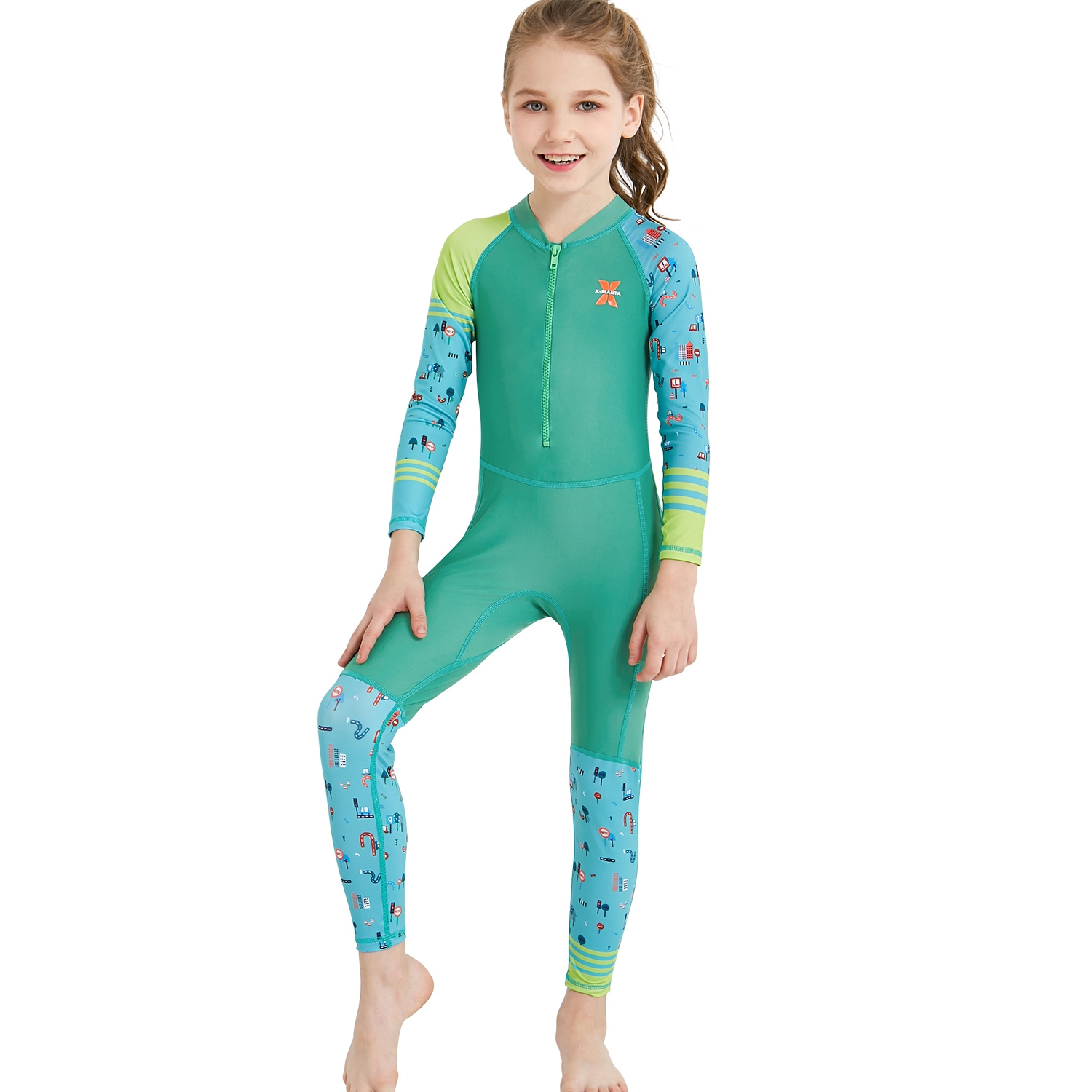 fashion zipper printing girl  boy wet suit swimwear