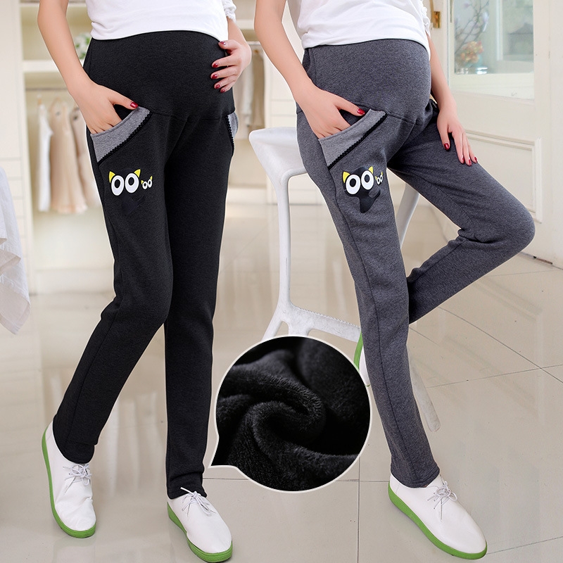 lovely kitty printing fleece maternity pregnant jeans belly pant