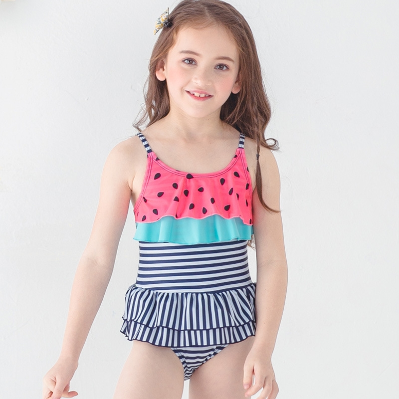 2018 new  black dot printing little girl teen swimwear