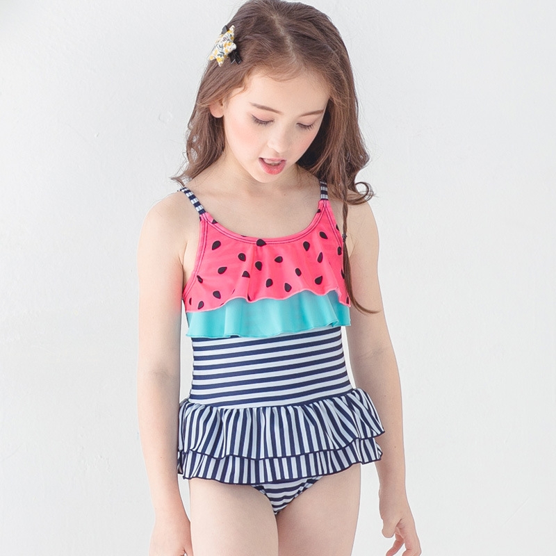 2018 new  black dot printing little girl teen swimwear