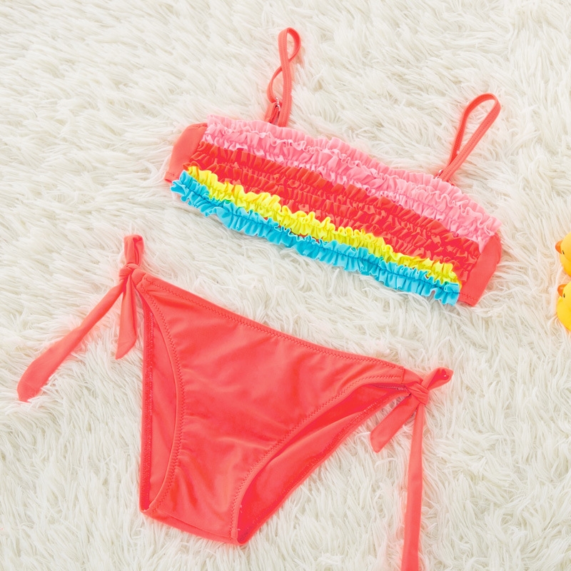 colorful pleated little girl teen swimwear bikini