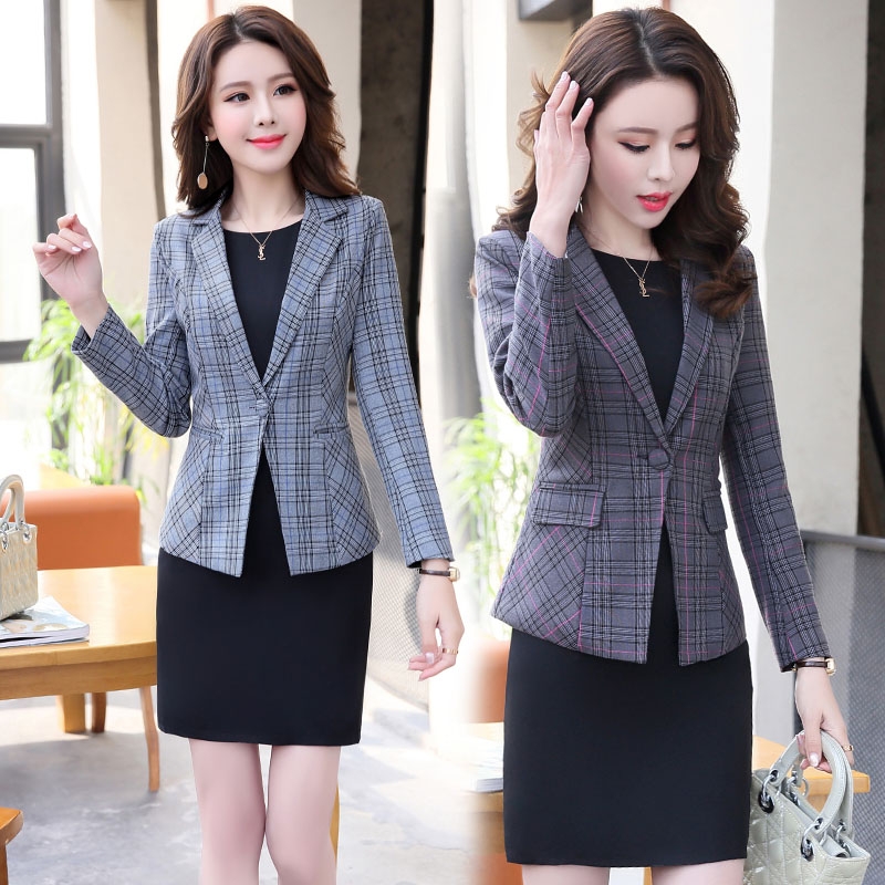 fashion grid printing office women's dress suits twinset