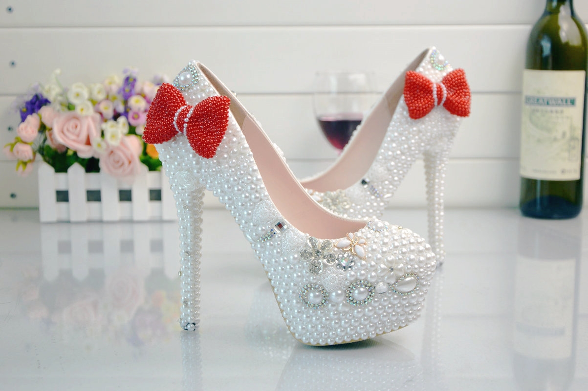 2018 red-bow  bride shoes women wedding crystal shoes high heel pumps