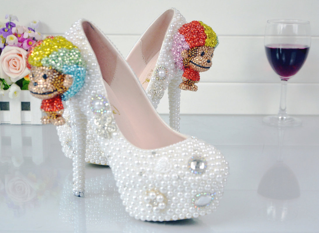 2018 cute monkey bride shoes women wedding crystal shoes high heel pumps