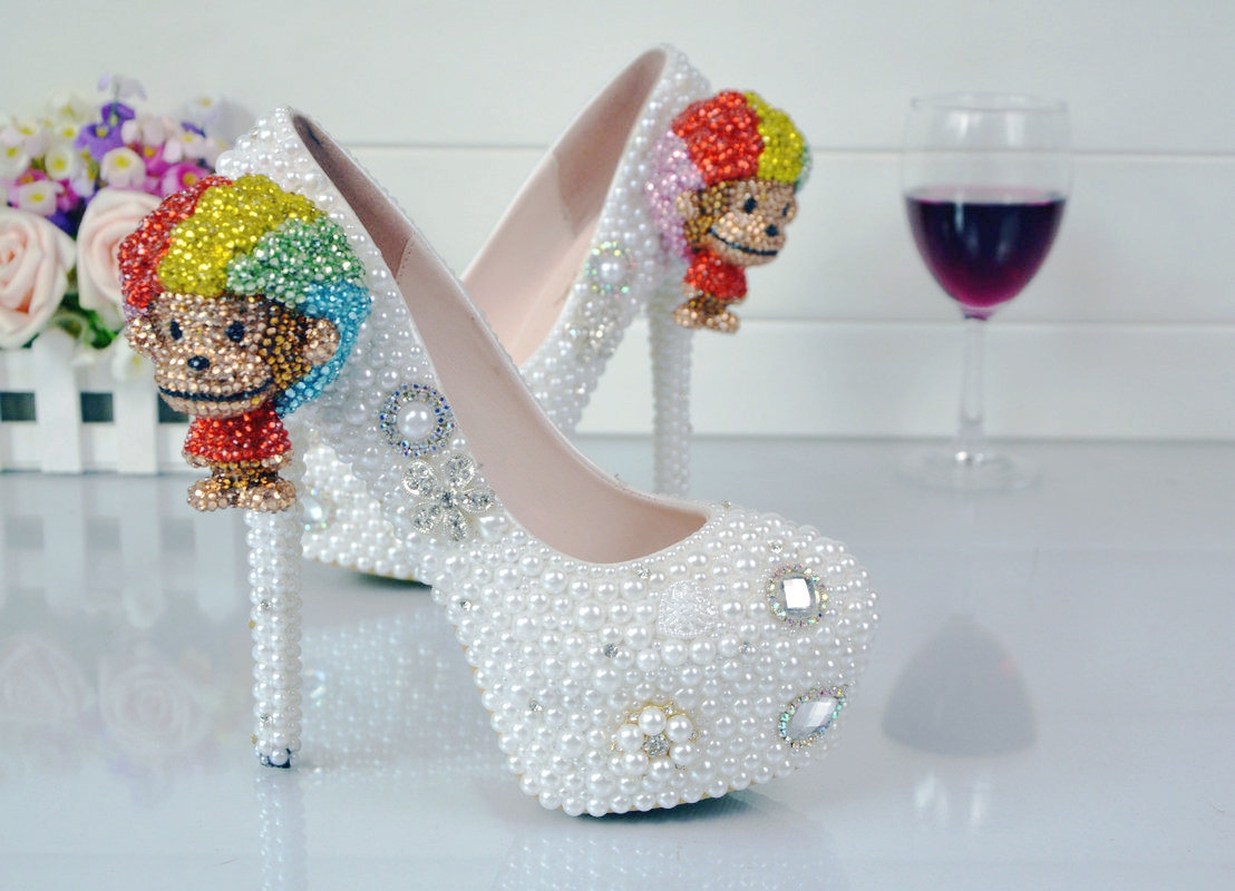 2018 cute monkey bride shoes women wedding crystal shoes high heel pumps