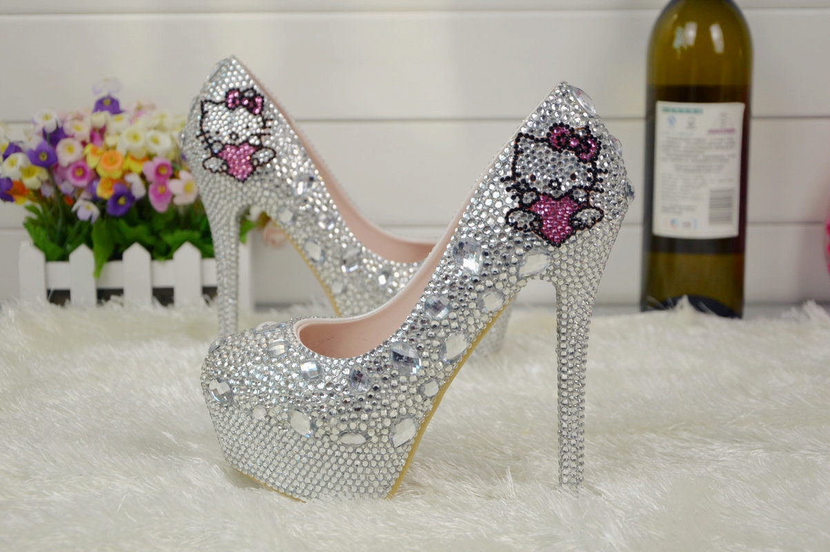 2018 cute hello kitty bride shoes women wedding crystal shoes high heel shoes