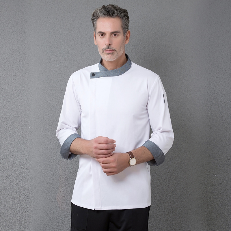 denim invisible button side open cooking  workwear restaurant  chef jacket baker uniform