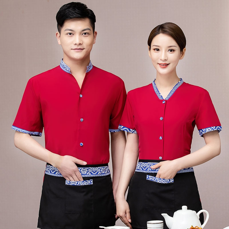 2022 Chinese red summer half sleeve  waiter waitress blouse uniform factory cheap