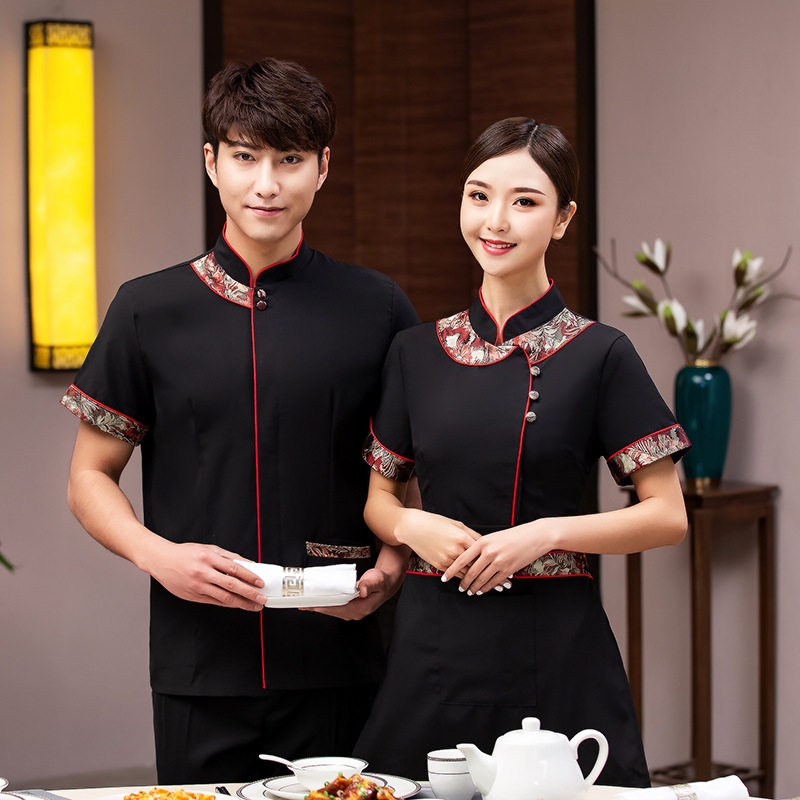 2022  Chinese tranditional style tea house staff summer half sleeve  waitress jacket  waiter blouse uniform