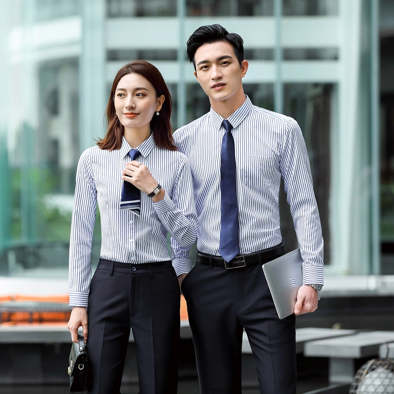 2022 Korea long sleeve cafe pub stripes printing office work  shirt  uniform women men shirt