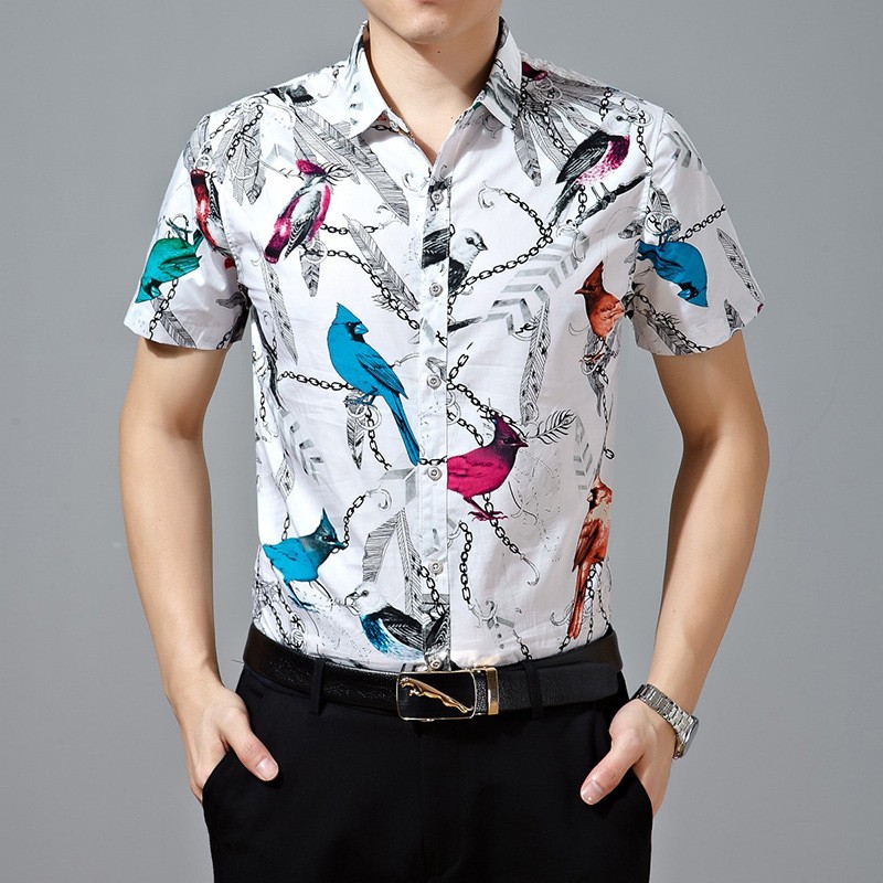 nice bird printing high-grade the silky luster man shirt