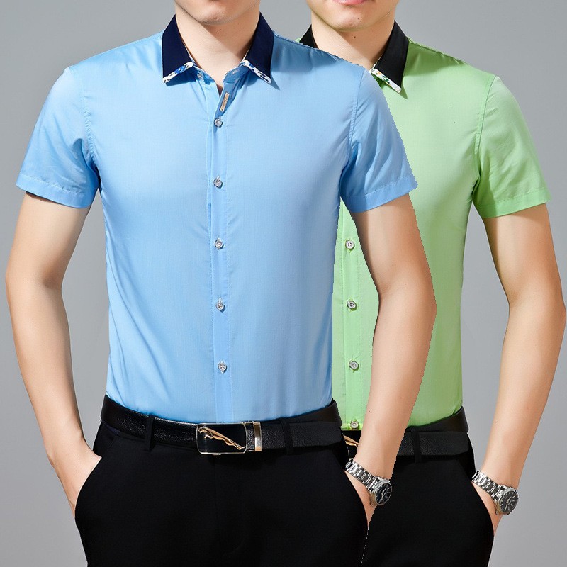 stand collar solid color design men's dressy shirt