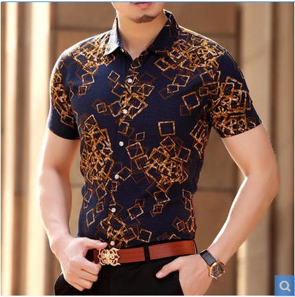 India style man's floral print short sleeve shirt