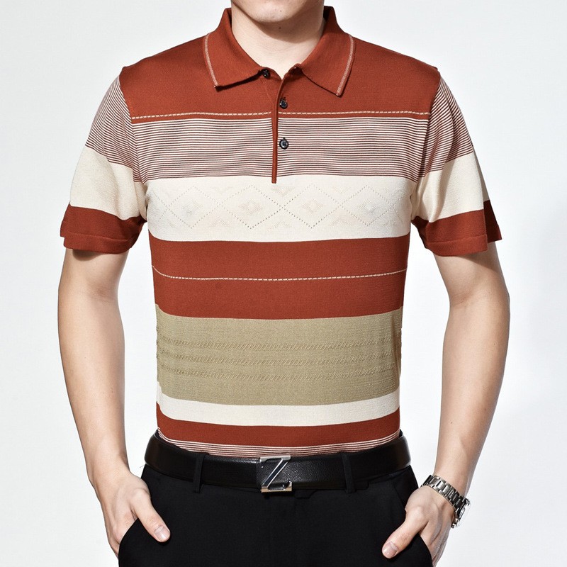 Knitted stripes summers men's short sleeve polo shirt