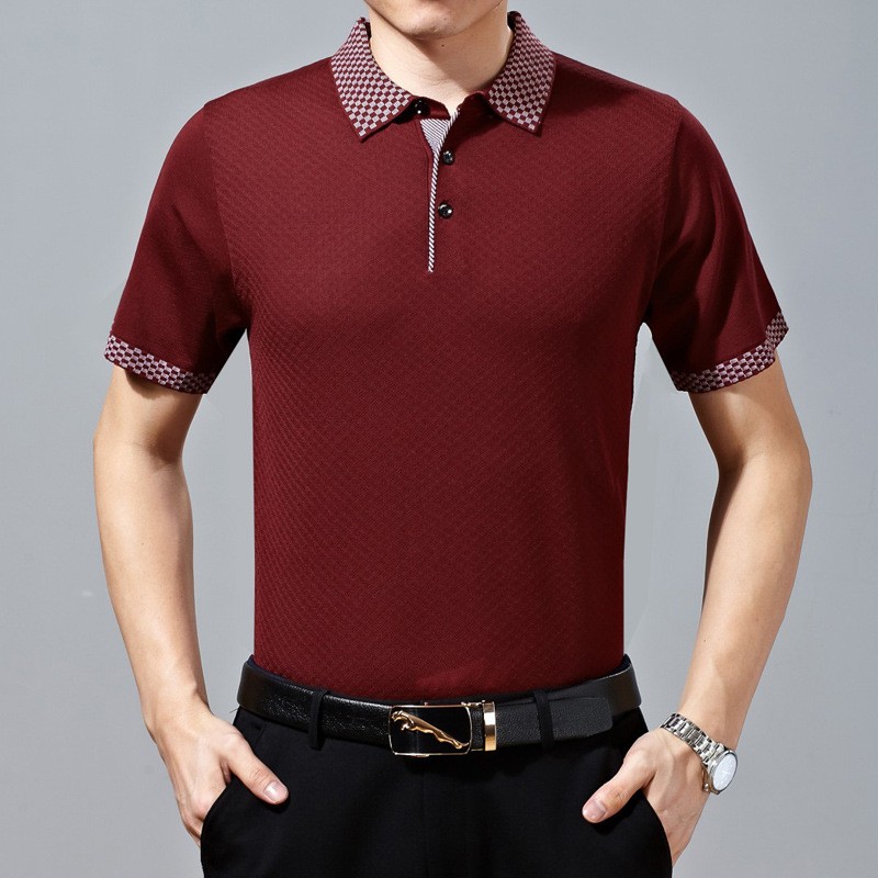 Summer mulberry silk half sleeve jacquard suit polo shirt - TiaNex