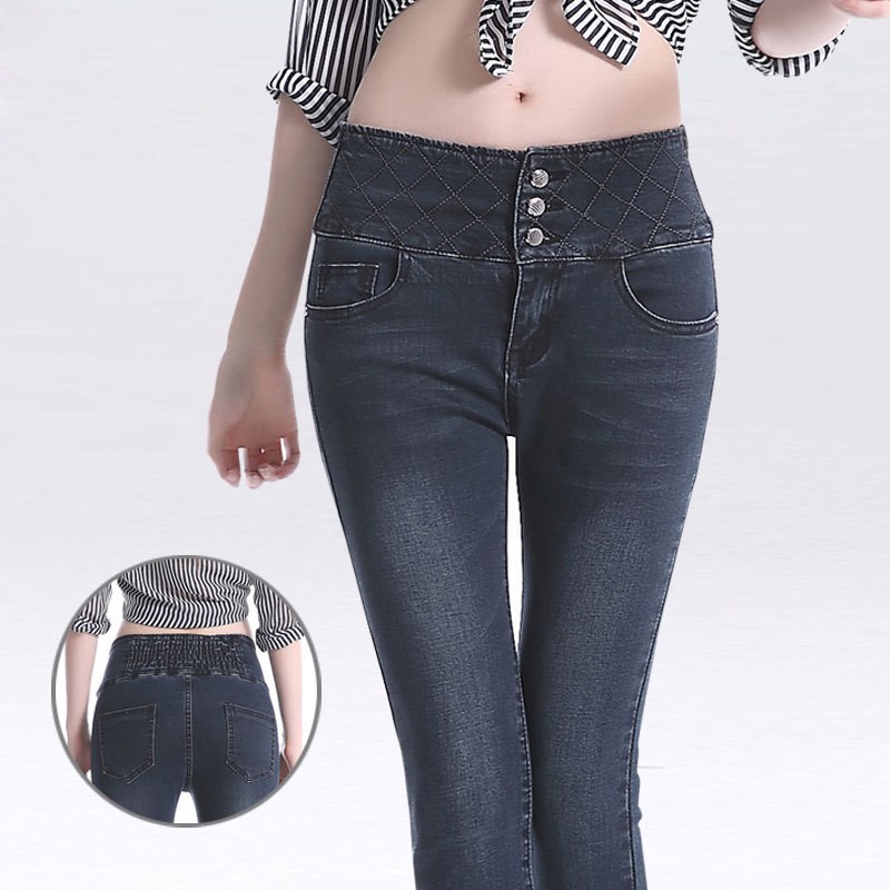 elastic high waist button pocket denim woman's sexy comfortable jeans pants