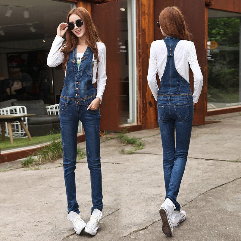 Europe America female outfit autumn zipper connection denim women's jumpsuits rompers