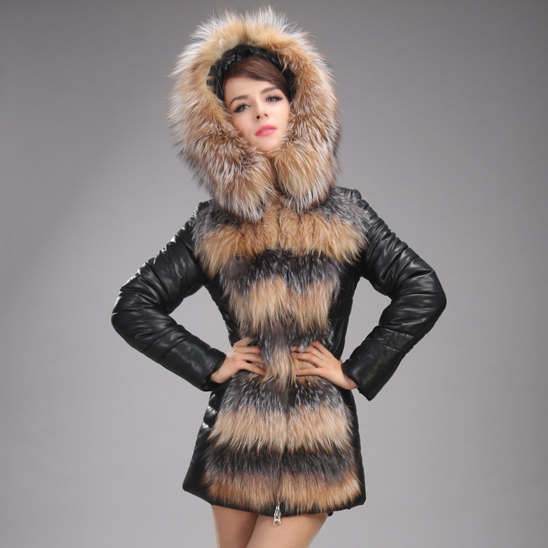 winter fox collar white duck down upgraded PU leather thicken women coat