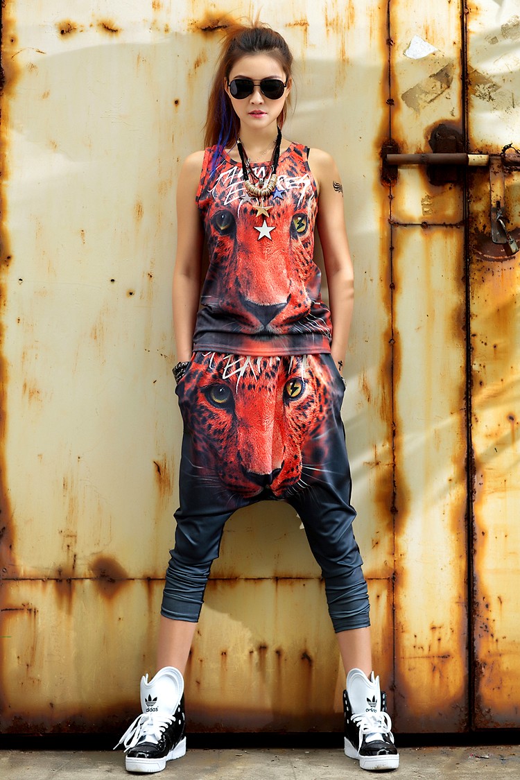 punk fashion wild leopard head print young girls harem pant + tshirt