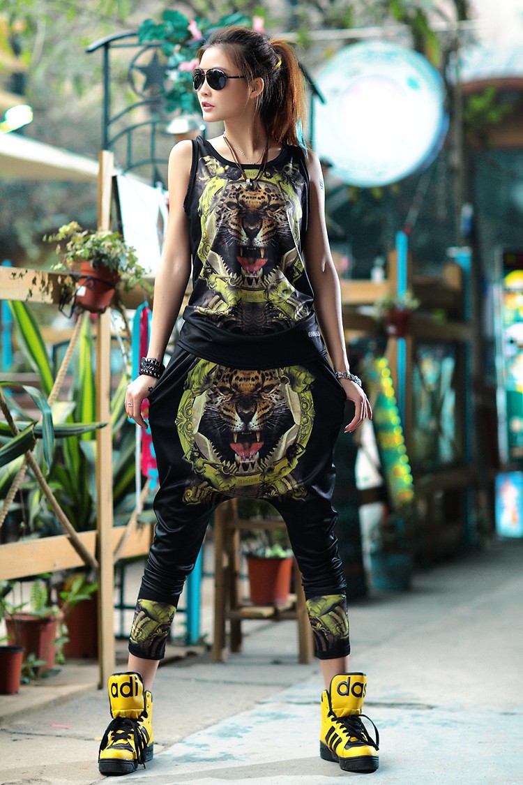 wild animal tiger print punk women young girl's t-shirts + trousers