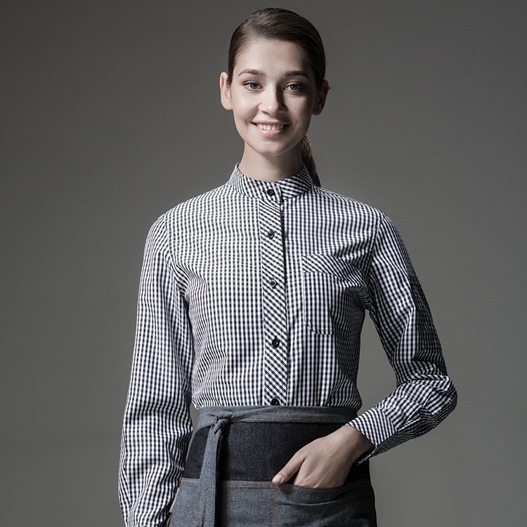 grid printing long sleeve waitress waiter  uniform shirt