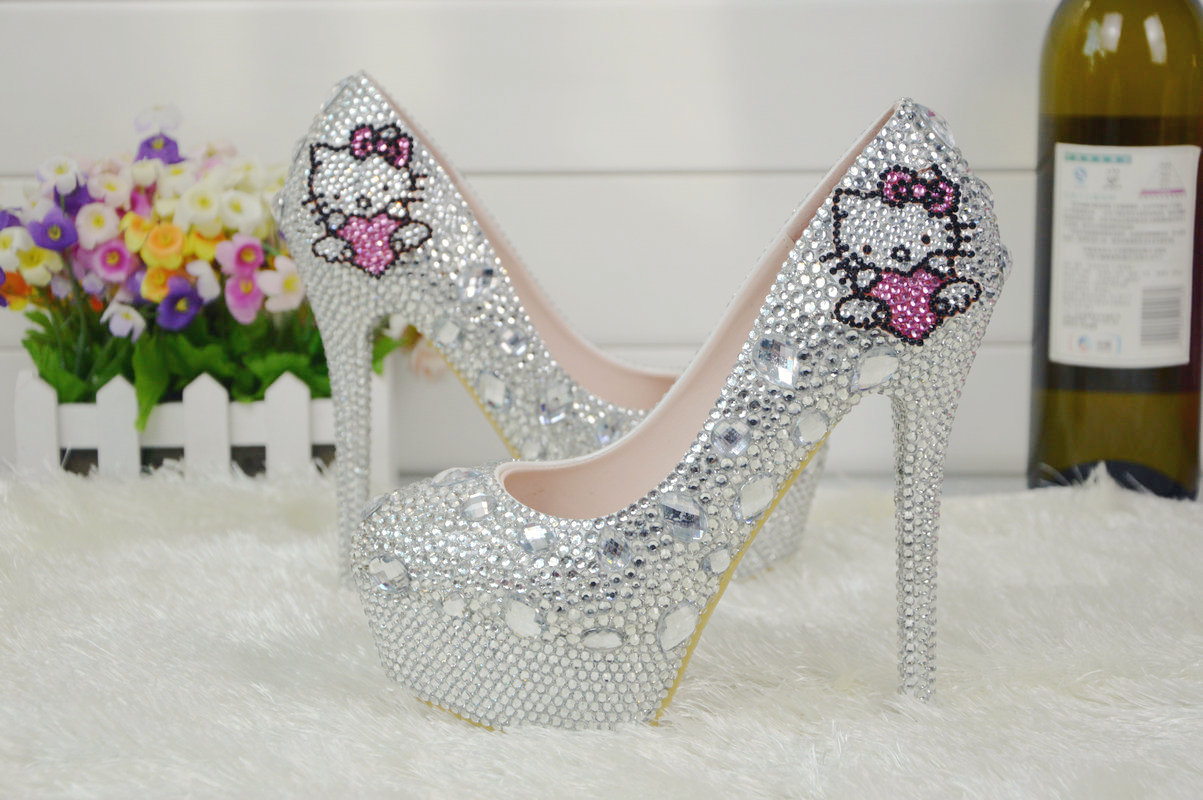 2022 cute hello  kitty  bride shoes  women wedding  crystal 