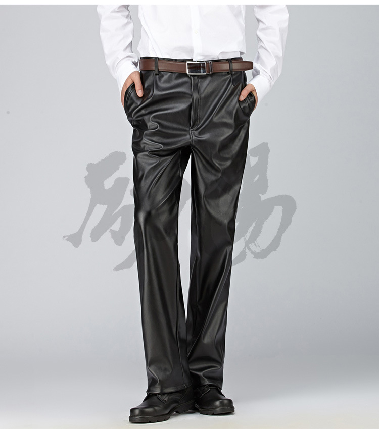 high quality PU faux leather fabric mid-age men's straight-leg pant ...