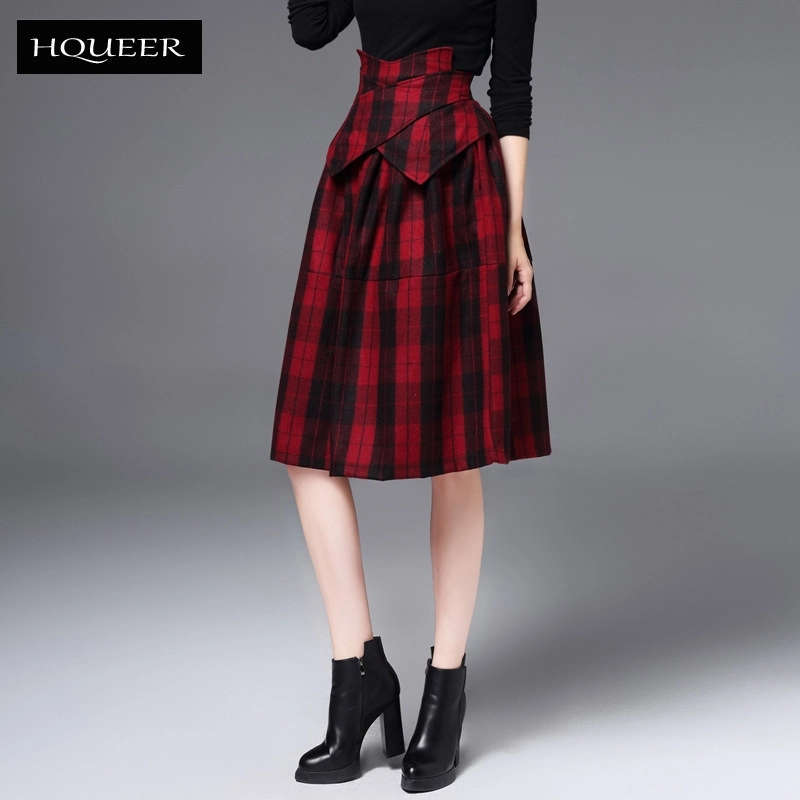 European woolen plaid mid length women skirt