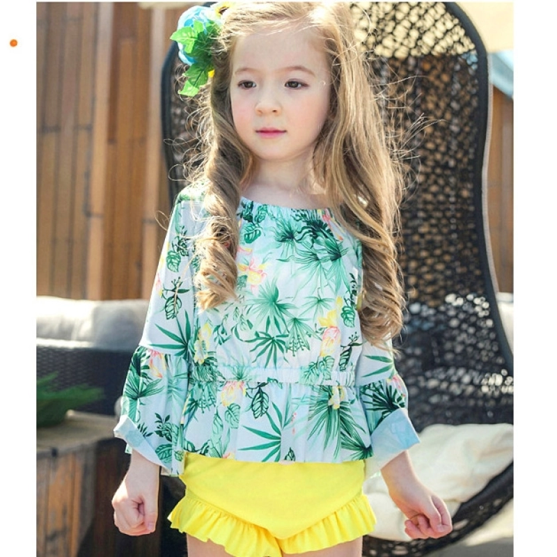 2018 new design plant printing cute girl child teen swimwear