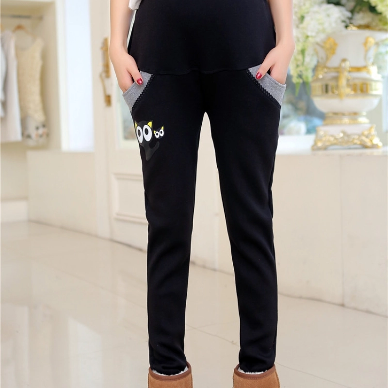 lovely kitty printing fleece maternity pregnant jeans belly pant