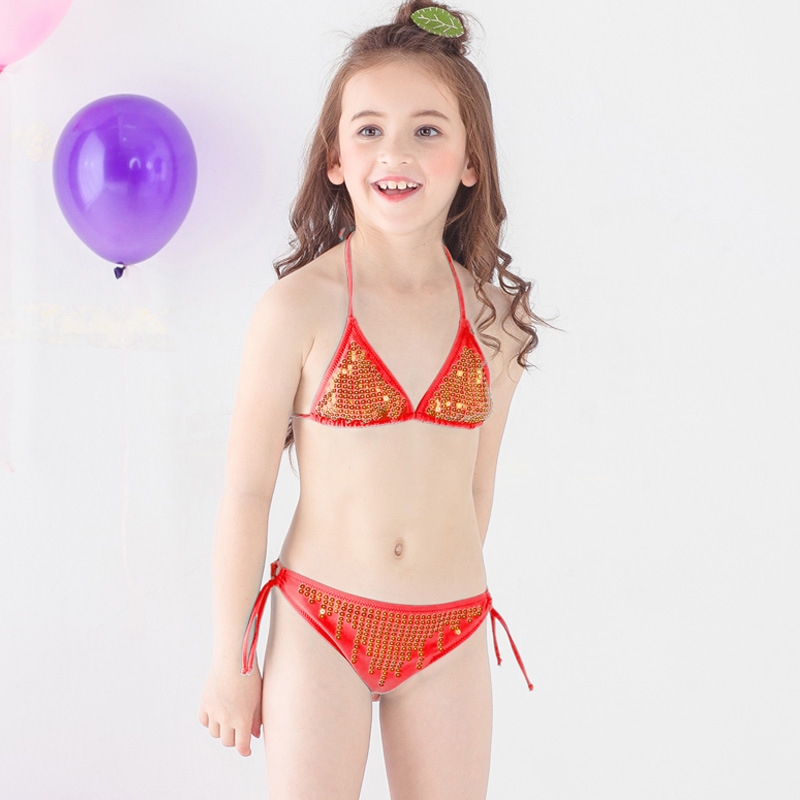 high quality cheap little girl  bikini teen Sequins swimwear swimsuit