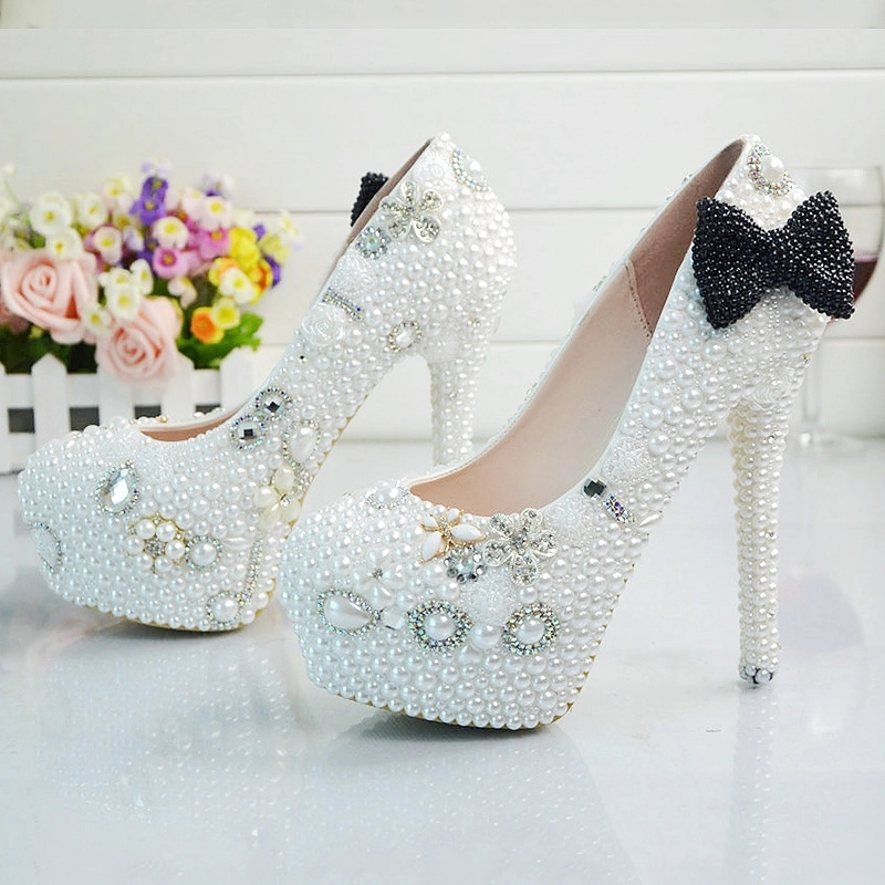 2018 black-bow bride shoes women wedding crystal shoes pumps