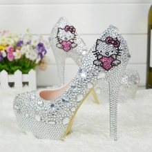 2018 cute hello kitty bride shoes women wedding crystal shoes high heel shoes