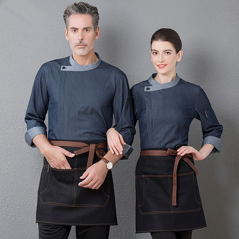 denim invisible button side open cooking workwear restaurant chef jacket baker uniform