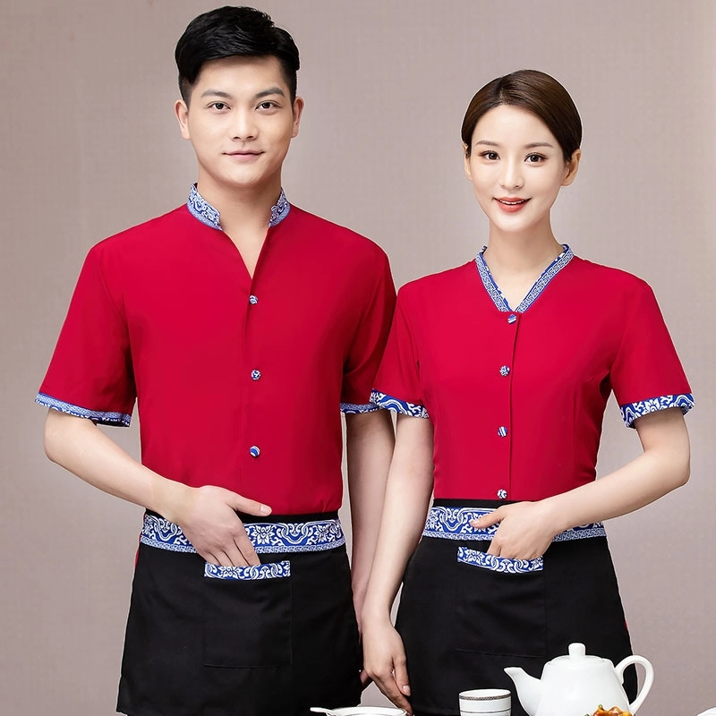 2025 Chinese red summer half sleeve  waiter waitress blouse uniform factory cheap