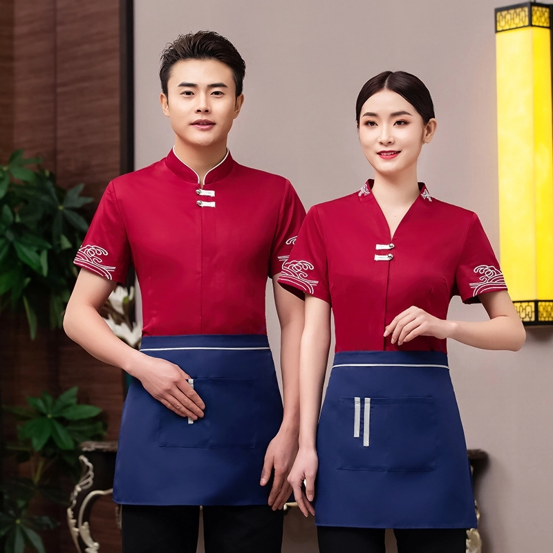 2025  new design navy waitress waiter tea house Chinese food restarant  staff uiform with spon