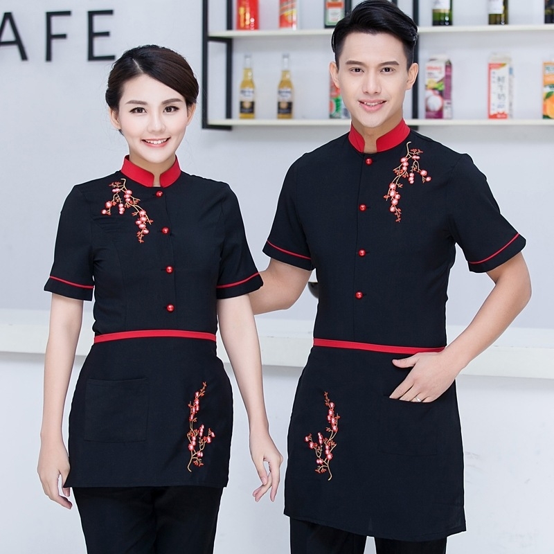 2022  buy waitress waiter from China tea house Chinese food restarant  staff uiform with Apron