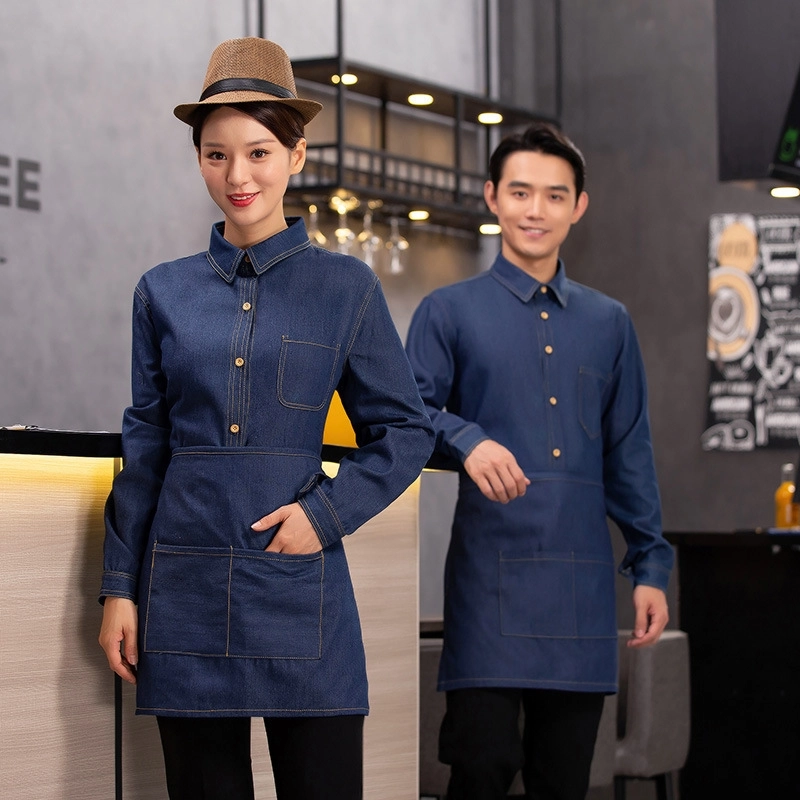 2025 spring fall long sleeve shirt uniform tea house denim fabric waitress waiter jacket