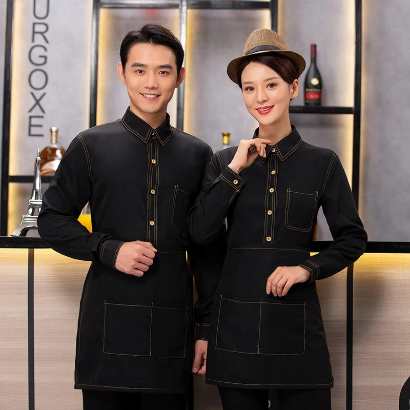 2025 black denim  long sleeve caffee house restaurant dessert store waitress waiter  jacket shirt