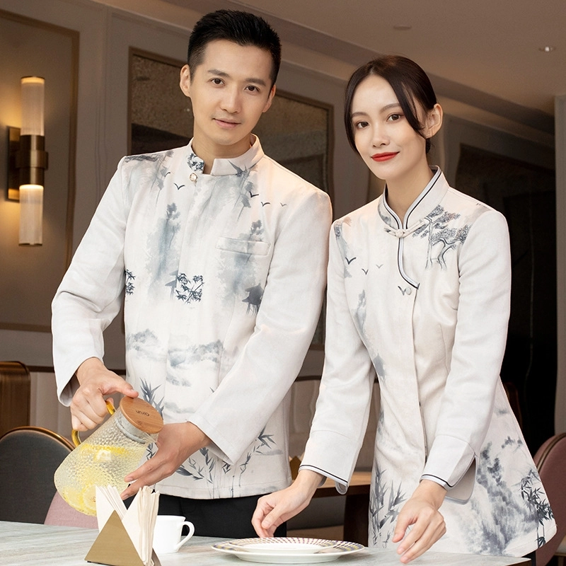 2025 traditional style painting tea house work jacket hotel staff hot pot store blouse