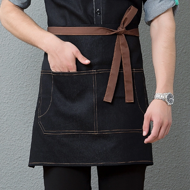 2025 black denim pocket chef apron short apron with pocket apron for bar waiter