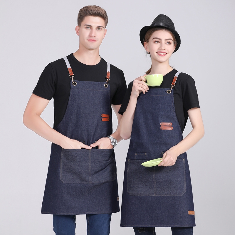 2022 denim pocket long  halter apron super market vegetable store milk tea store  pub apron