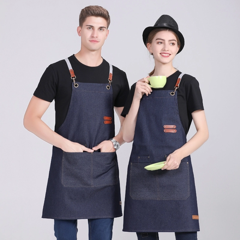 2025 denim pocket long  halter apron super market vegetable store milk tea store  pub apron